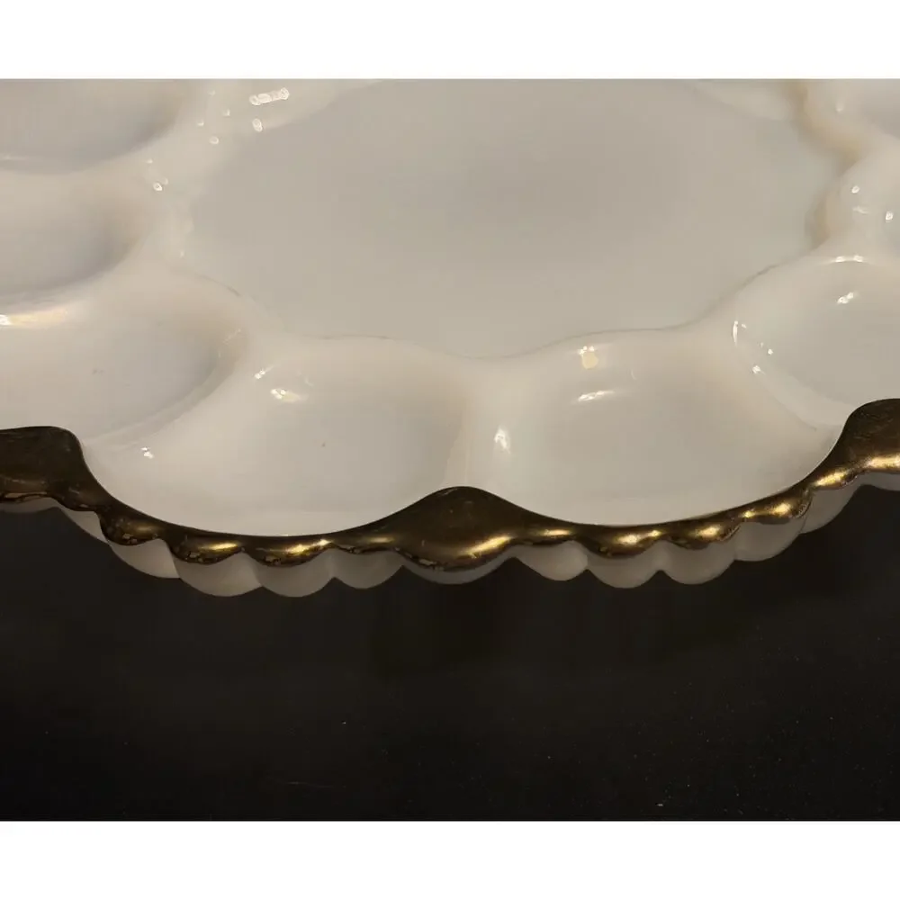 2 Anchor Hocking Fire King Milk Glass Deviled Egg Plates 22K Gold Trim Platters